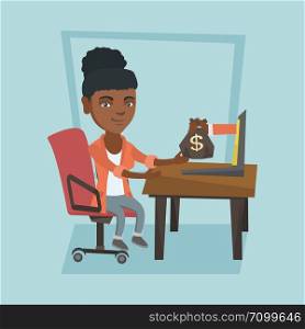 African business woman working in office and bag of money coming out of a laptop. Young woman earning money from online business. Online business concept. Vector cartoon illustration. Square layout.. Business woman earning money from online business.