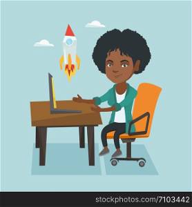 African business woman working on a laptop and looking at the rocket. Young business woman working on a new business start up. Business start up concept. Vector cartoon illustration. Square layout.. Young business woman working on business start up.