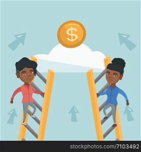 African business women competing for money. Competitive business women using the ladder to climb the cloud with a coin. Concept of competition in business. Vector cartoon illustration. Square layout. Two young business woman competing for money.