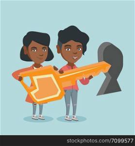 African business women standing in front of a keyhole with a big key. Business team holding the key to success. Two business women carrying huge golden key. Vector cartoon illustration. Square layout.. Business women holding key in front of keyhole.
