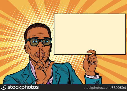 African businessman asking for silence, Billboard poster, pop art retro vector illustration