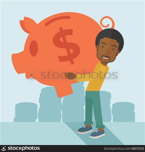 African Businessman carries on his two arms his big piggy bank for economy purposes saving money is very important. Investment concept. A contemporary style with pastel palette soft blue tinted background. Vector flat design illustration. Square layout. . African businessman carries a big piggy bank for saving money.