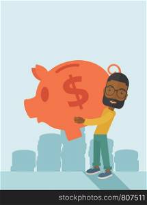 African Businessman carries on his two arms his big piggy bank for economy purposes saving money is very important. Investment concept. A contemporary style with pastel palette soft blue tinted background. Vector flat design illustration. Vertical layout with text space on top part. . African businessman carries a big piggy bank for saving money.