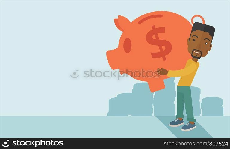 African Businessman carries on his two arms his big piggy bank for economy purposes saving money is very important. Investment concept. A contemporary style with pastel palette soft blue tinted background. Vector flat design illustration. Horizontal layout with text space in left side.. African businessman carries a big piggy bank for saving money.