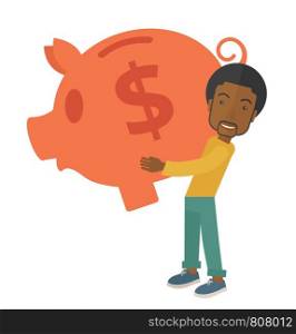 African Businessman carries on his two arms his big piggy bank for economy purposes saving money is very important. Investment concept. A Contemporary style. Vector flat design illustration isolated white background. Square layout.. African businessman carries a big piggy bank for saving money.