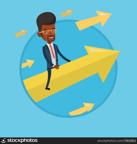 African businessman flying on the arrow going up. Successful businessman flying up on arrow. Concept of moving to business success. Vector flat design illustration in the circle isolated on background. Happy businessman flying to success.