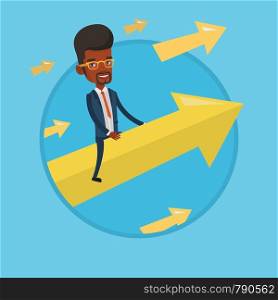 African businessman flying on the arrow going up. Successful businessman flying up on arrow. Concept of moving to business success. Vector flat design illustration in the circle isolated on background. Happy businessman flying to success.