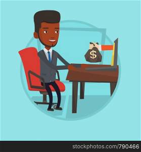 African businessman getting bag of money from his laptop. Businessman earning money from online business. Online business concept. Vector flat design illustration in the circle isolated on background.. Businessman earning money from online business.