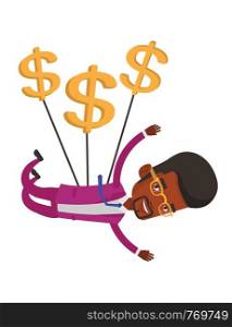 African businessman gliding in the sky with dollars. Businessman flying with dollar signs. Businessman using dollar signs as parachute. Vector flat design illustration isolated on white background.. Businessman flying with dollar signs.