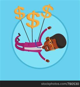 African businessman gliding in the sky with dollars. Businessman flying with dollar signs. Businessman using dollars as parachute. Vector flat design illustration in the circle isolated on background.. Businessman flying with dollar signs.