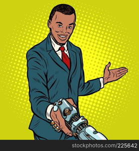 African businessman handshake to robot. Pop art retro vector illustration. African businessman handshake to robot