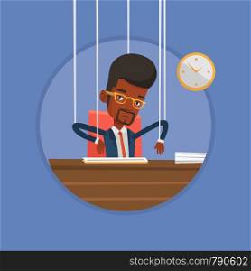 African businessman hanging on strings like marionette. Marionette on ropes sitting in office. Emotionless marionette man working. Vector flat design illustration in the circle isolated on background.. Businessman marionette on ropes working.