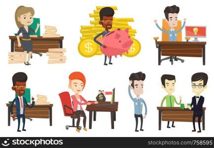 African businessman holding a big piggy bank on thee background of stacks of gold coins. Businessman saving money in a piggy bank. Set of vector flat design illustrations isolated on white background.. Vector set of business characters.