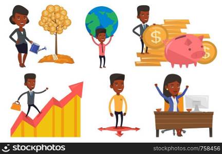 African businessman holding big Earth globe over his head. Businessman taking part in global business. Concept of global business. Set of vector flat design illustrations isolated on white background.. Vector set of business characters.