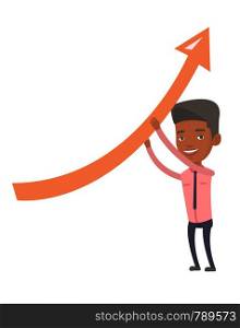 African businessman holding graph going up. Businessman with growth graph. Businessman changing the path of graph to a positive increase. Vector flat design illustration isolated on white background.. Business man holding arrow going up.
