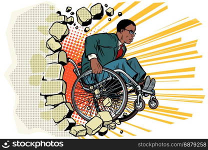 African Businessman in a wheelchair. Disabilities and health. Barrier-free environment. Pop art retro vector illustration. African Businessman in a wheelchair. Disabilities and health. Ba