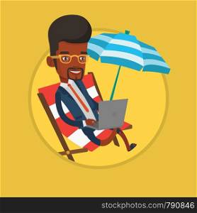 African businessman in suit working on beach. Businessman sitting in chaise lounge under beach umbrella and working on a laptop. Vector flat design illustration in the circle isolated on background.. Businessman working on laptop on the beach.