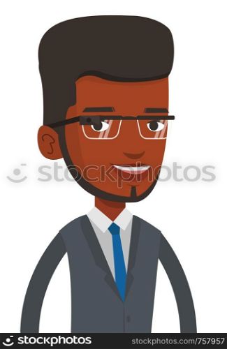 African businessman in wearable computer. Man wearing wearable computer with an optical head-mounted display. Man using wearable computer. Vector flat design illustration isolated on white background.. Man wearing smart glass vector illustration.