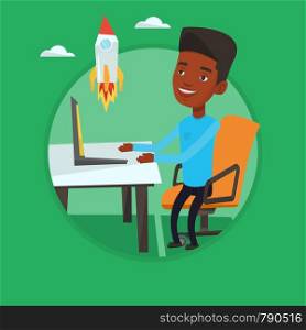 African businessman looking at business start up rocket. Businessman working on business start up. Business start up concept. Vector flat design illustration in the circle isolated on background.. Business start up vector illustration.