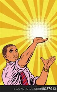 African businessman or politician hand of hope pop art retro vector. The sun on his open palm. African businessman or politician hand of hope