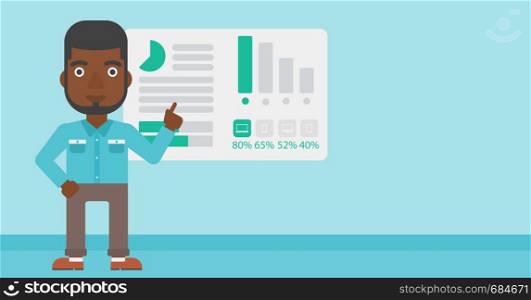 African businessman pointing at charts on a board during business presentation. Man giving business presentation. Business presentation in progress. Vector flat design illustration. Horizontal layout.. Businessman making business presentation.