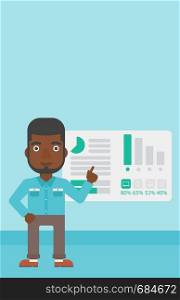 African businessman pointing at charts on a board during business presentation. Man giving business presentation. Business presentation in progress. Vector flat design illustration. Vertical layout.. Businessman making business presentation.