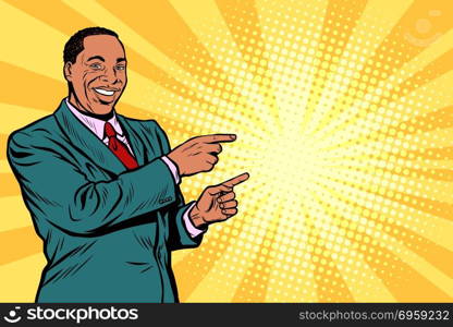 African businessman pointing finger at the side. African businessman pointing finger at the side. Pop art retro vector illustration comic cartoon kitsch drawing. African businessman pointing finger at the side