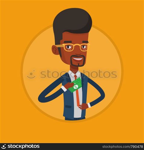 African businessman putting bribe in his pocket. Businessman hiding bribe in jacket pocket. Bribing, corruption and fraud concept. Vector flat design illustration in the circle isolated on background.. Businessman putting money in pocket.