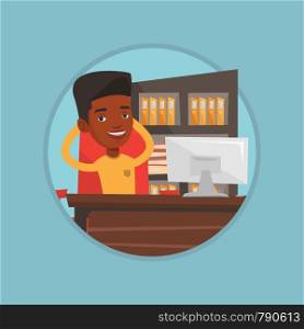African businessman relaxing in the office with his hands clasped behind head. Relaxed businessman sitting at workplace in office. Vector flat design illustration in the circle isolated on background.. Businessman relaxing in office vector illustration