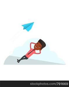 African businessman relaxing on a cloud. Businessman lying on a cloud and looking at flying paper plane. Businessman resting at cloud. Vector flat design illustration isolated on white background.. Businessman lying on cloud vector illustration.