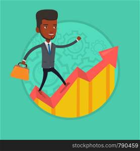 African businessman running along the growth graph. Businessman moving to success and business growth. Business growth concept. Vector flat design illustration in the circle isolated on background.. Man running on growth graph vector illustration.