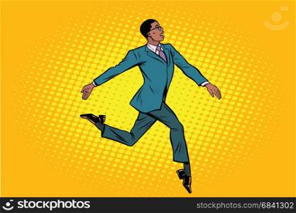 African businessman runs forward elegantly. Pop art retro vector illustration. African businessman runs forward elegantly