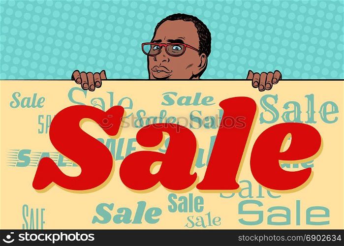 African businessman sale poster background. Pop art retro vector illustration. African businessman sale poster background