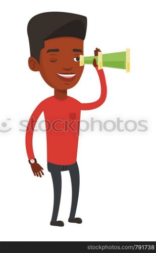 African businessman searching for opportunities. Businessman using spyglass for searching of opportunities. Business opportunities concept. Vector flat design illustration isolated on white background. Businessman looking for business opportunities.