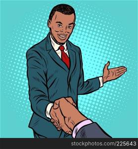 African businessman shaking hands. Pop art retro vector illustration. African businessman shaking hands