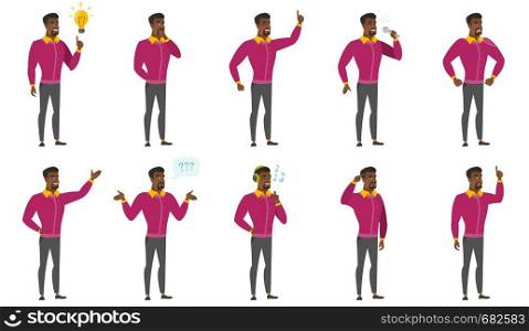 African businessman singing to microphone. Full length of businessman singing with closed eyes. Businessman singing to the mic. Set of vector flat design illustrations isolated on white background.. Vector set of illustrations with business people.