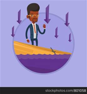 African businessman sinking and arrows going down symbolizing business bankruptcy. Businessman bankrupt standing in sinking boat. Vector flat design illustration in the circle isolated on background.. Businessman standing in sinking boat.