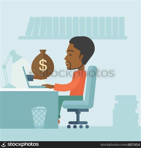 African Businessman sitting infront of his table working at a laptop searching and browsing with bag of money on hand inside the office. Business concept. A contemporary style with pastel palette soft blue tinted background. Vector flat design illustration. Square layout. . African businessman with his laptop.