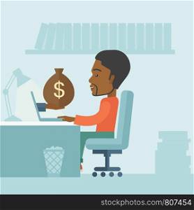 African Businessman sitting infront of his table working at a laptop searching and browsing with bag of money on hand inside the office. Business concept. A contemporary style with pastel palette soft blue tinted background. Vector flat design illustration. Square layout. . African businessman with his laptop.