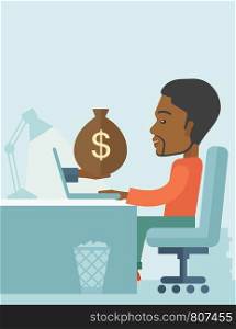African Businessman sitting infront of his table working at a laptop searching and browsing with bag of money on hand inside the office. Business concept. A contemporary style with pastel palette soft blue tinted background. Vector flat design illustration. Vertical layout with text space on top part.. African businessman with his laptop.