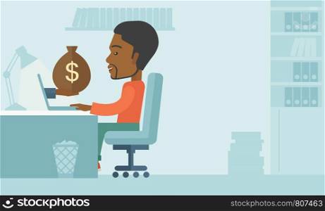 African Businessman sitting infront of his table working at a laptop searching and browsing with bag of money on hand inside the office. Business concept. A contemporary style with pastel palette soft blue tinted background. Vector flat design illustration. Horizontal layout with text space in right side.. African businessman with his laptop.