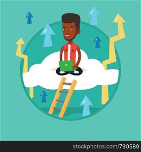 African businessman sitting on cloud and working on laptop. Businessman using cloud computing technology. Cloud computing concept. Vector flat design illustration in the circle isolated on background.. Businessman sitting on cloud with laptop.