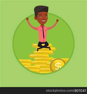 African businessman sitting on stack of golden coins. Businessman sitting on a pile of golden coins. Businessman on gold coins. Vector flat design illustration in the circle isolated on background.. Happy businessman sitting on coins.
