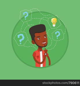 African businessman standing with question marks and idea bulb above his head. Man having business idea. Business idea concept. Vector flat design illustration in the circle isolated on background.. Man having business idea vector illustration.