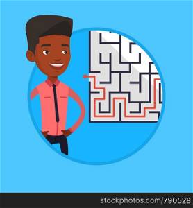 African businessman thinking about business solution. Businessman looking at labyrinth with solution. Business solution concept. Vector flat design illustration in the circle isolated on background.. Businessman looking at the labyrinth with solution
