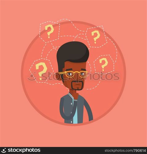 African businessman thinking. Businessman standing under question marks. Thoughtful businessman surrounded by many question marks. Vector flat design illustration in the circle isolated on background.. Young businessman thinking vector illustration.