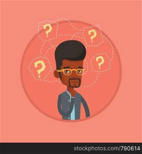 African businessman thinking. Businessman standing under question marks. Thoughtful businessman surrounded by many question marks. Vector flat design illustration in the circle isolated on background.. Young businessman thinking vector illustration.
