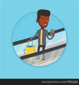 African businessman using smartphone on escalator in airport. Man standing on escalator with suitcase and looking at mobile phone. Vector flat design illustration in the circle isolated on background.. Man using smartphone on escalator in airport.