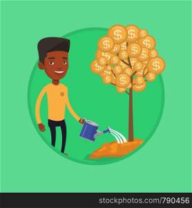 African businessman watering financial tree. Businessman investing in future financial safety. Businessman taking care of finances. Vector flat design illustration in the circle isolated on background. Man watering financial tree vector illustration.