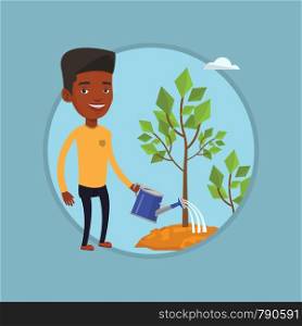 African businessman watering plants with watering can. Man watering trees of three sizes. Business growth and investment concept. Vector flat design illustration in the circle isolated on background.. Businessman watering trees vector illustration.
